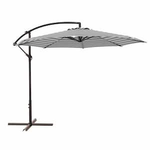 Bayshore Outdoor 10 ft. Hanging Offset Cantilever Patio Umbrella with Easy Crank Lift and Cross Base, Gray/White Stripe