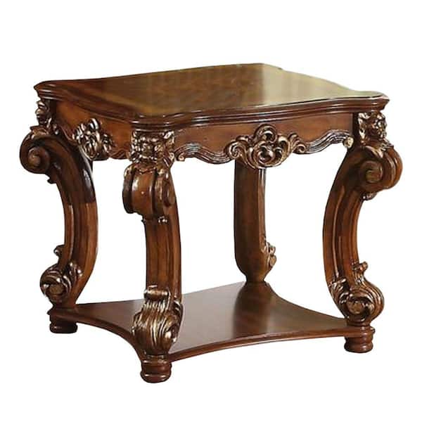 Benjara 25.59 in. Height Cherry Brown Square Top End Table with Scrolled Leg and Bottom Shelf