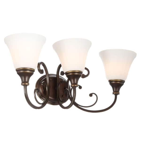 Hampton Bay Somerset 3-Light Bronze Vanity Light with Bell Shaped Frosted Glass Shades