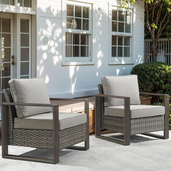 Pocassy Rectangular Framed Armrest Gray Wicker Outdoor Patio Lounge Chair with CushionGuard Gray Cushions