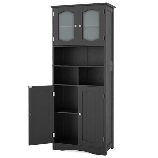 24 in. W x 12 in. D x 59 in. H Black Freestanding Bathroom Linen Cabinet with Frost Glass Doors