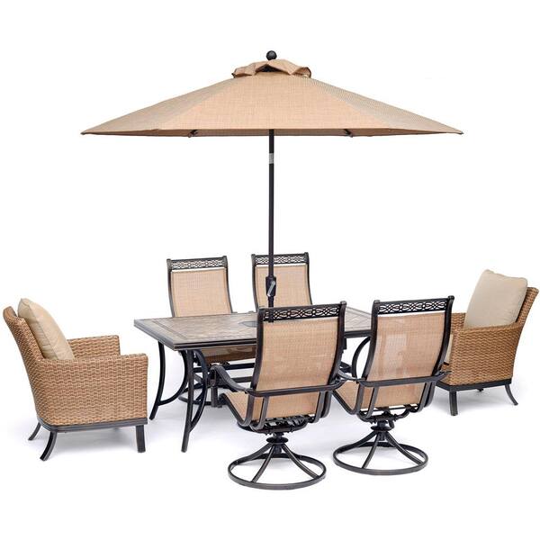 Hanover Monaco 7-Piece Aluminum Outdoor Dining Set with Tan Cushions (2-Armchairs, 4-Rockers, Table, Umbrella)