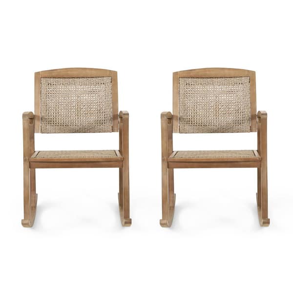 Noble House Arnton Light Brown Wood and Wicker Outdoor Patio Rocking Chair (2-Pack)