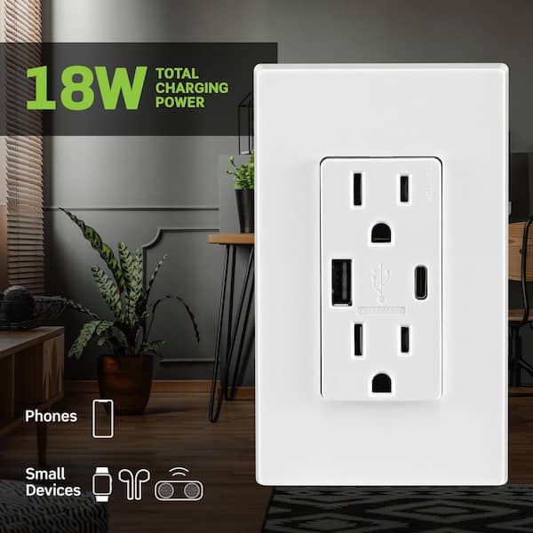 Decora White 15 Amp Tamper Resistant Duplex Outlet with USB Charger Type A/C 3.6 Amp 18-Watt Outlet (3-Pack) T5638-B3W