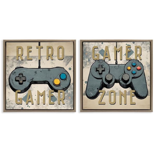 Retro Gamer Controllers by Kim Allen 2-Pieces Brown Floater Frame Typography Graphic Art Print 18 in. x 18 in.