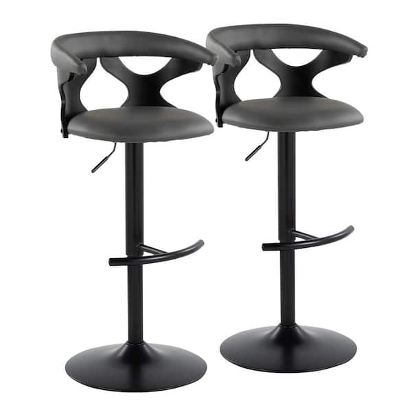 Lumisource Gardenia 32.5 in. Grey Faux Leather, Black Wood and Black Metal Adjustable Bar Stool (Set of 2)