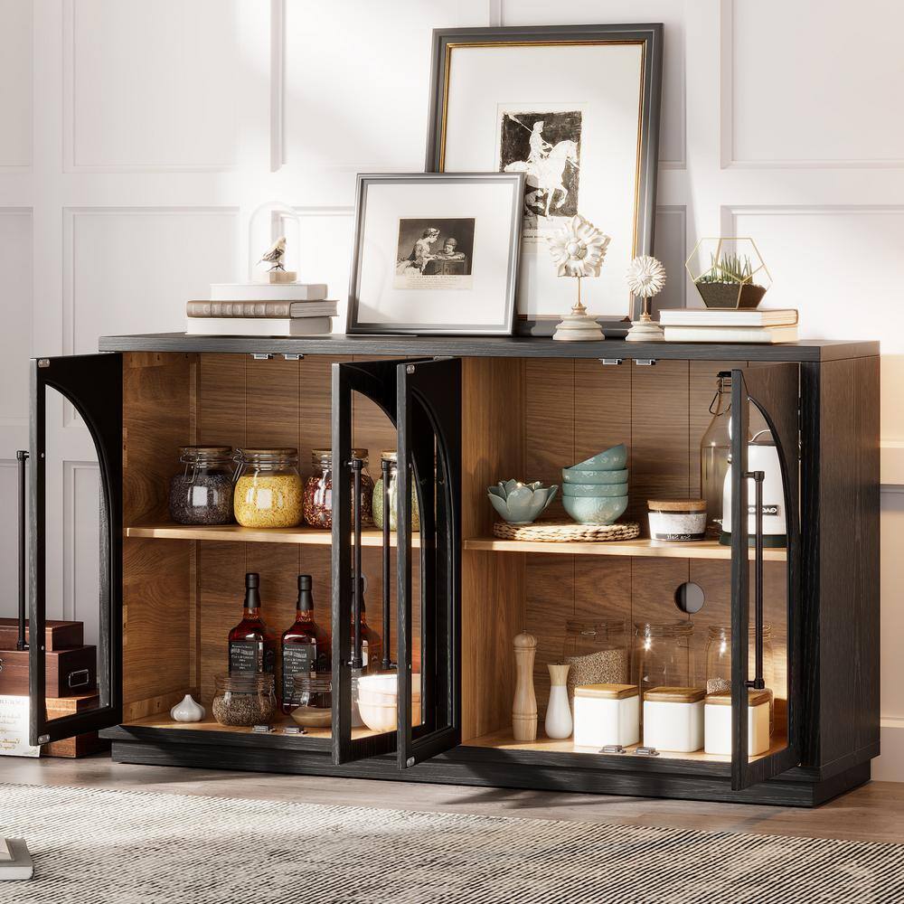 Retro Black Solid Wood 60" Sideboard Buffet Cabinet with Glass Doors