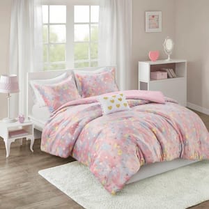 Jenna 3-Piece Pink Multi/Gold Microfiber Twin/Twin XL Metallic Printed Plush Comforter Set with Throw Pillow