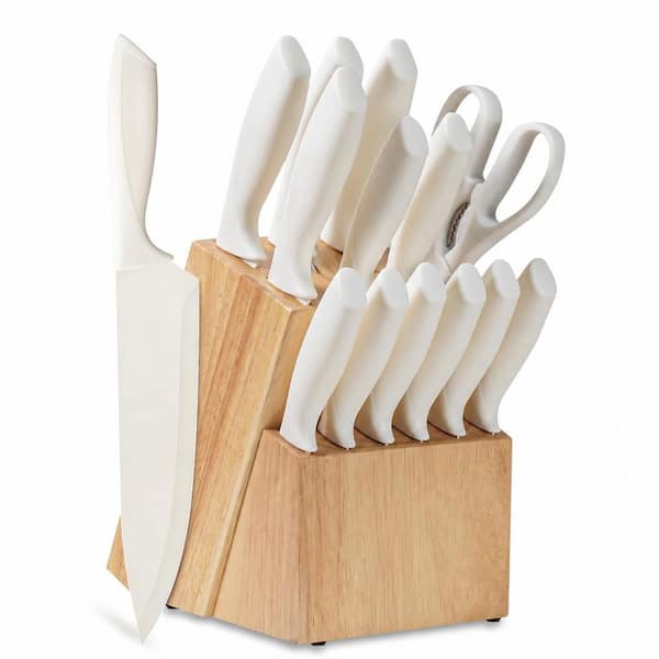 15-Piece Stainless Steel Kitchen Knife Set with Block and Built-In Sharpener, Cream