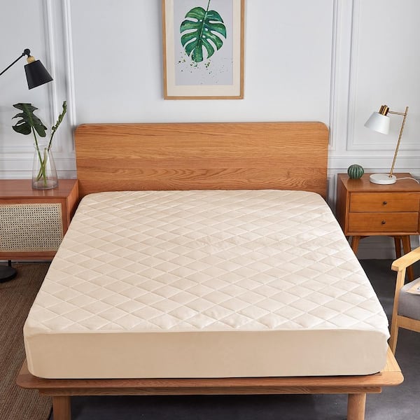 Beige Quilted Fitted Queen Waterproof Mattress Protector