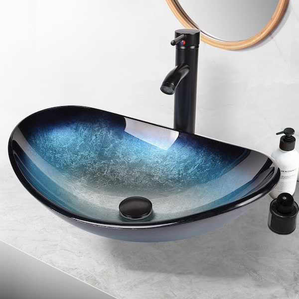 Boat Shape Blue Glass Vessel Sink with Faucet in Black included Pop-up Drain