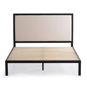 Mara Beige Ivory Metal Frame Queen Platform Bed with Upholstered Headboard