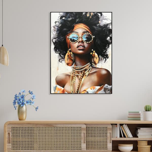 Framed 48.03 in. x 1.77 in African American Woman Canvas Wall Art: Black Girl with Curly Hair
