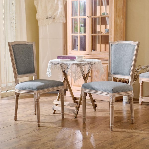 Merra Gray French Side Chairs with Carved Wood Legs and Linen Upholstery (Set of 2)
