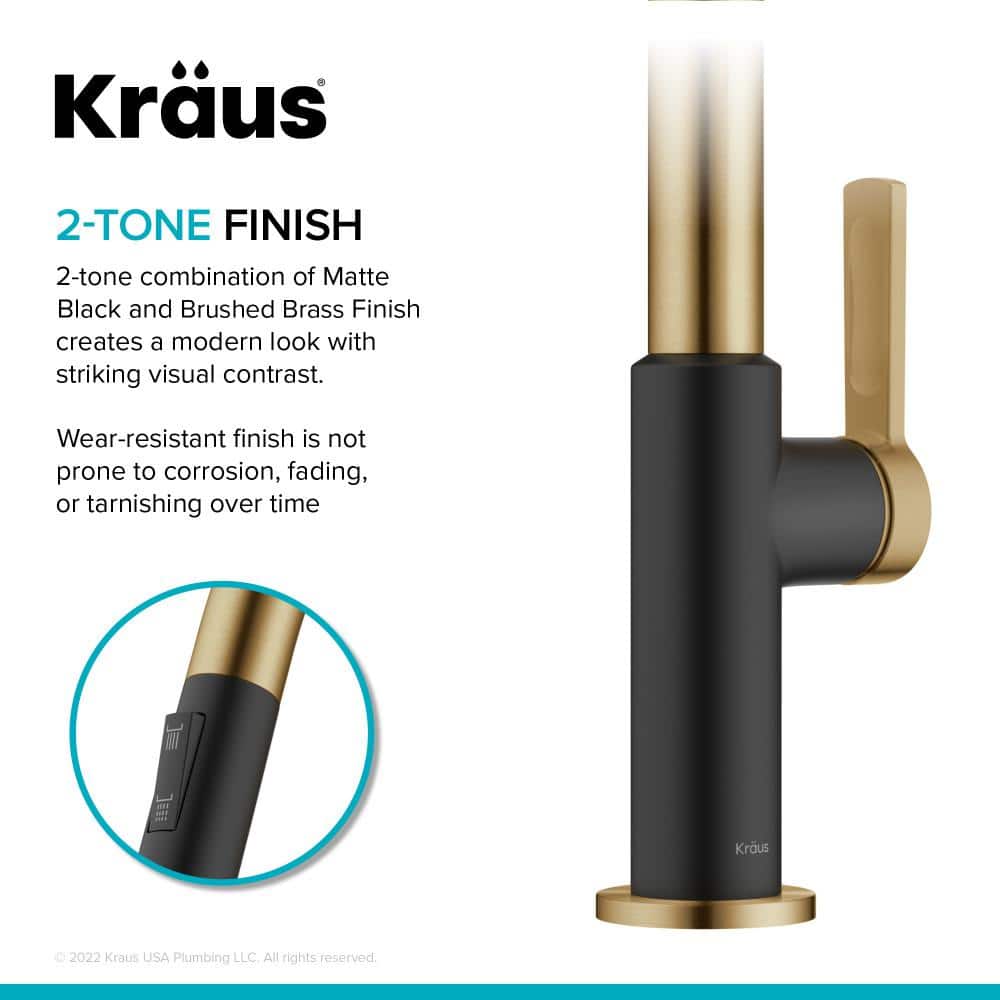 Brushed Brass and Matte Black Pull-Down Kitchen Faucet with Spray
