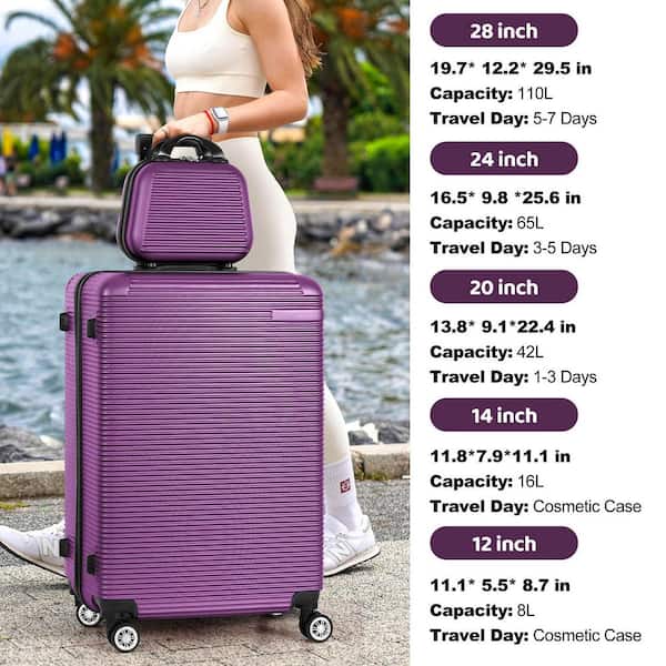 HIKOLAYAE 5-Piece Purple ABS Hardside Horizontal-Striped Luggage