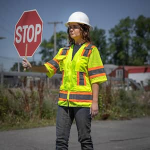 Women's X-Large Hi Vis Yellow 2-Tone ANSI Type R Class 3 Contoured Surveyors Safety Vest with Mesh Back and (11-Pockets)