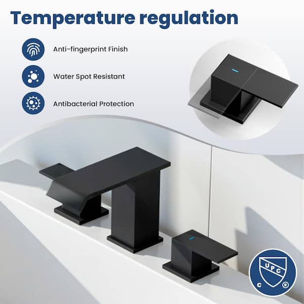 NOBLE 8 in. Waterfall Widespread Double-Handle Bathroom Faucet 3-Hole Bath Sink Faucet with Pop-up Drain in Matte Black