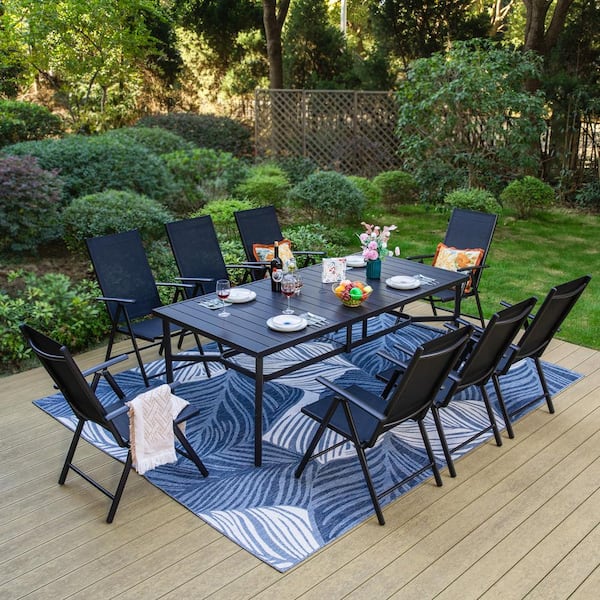 PHI VILLA 9-Piece Metal Rectangle Outdoor Dining Set with Black Folding ...