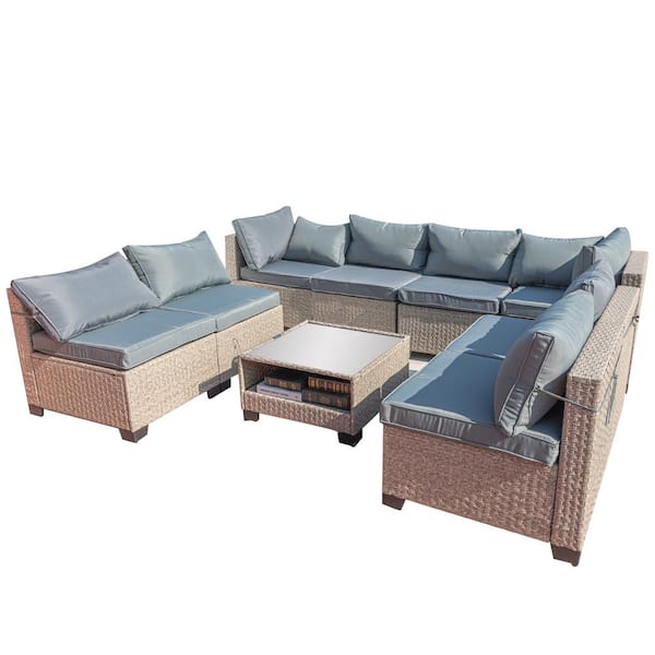 Tenleaf 9-Piece khaki Wicker Patio Conversation Set with Water Resistant Gray Thick Cushions