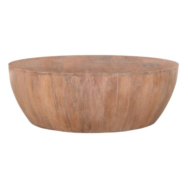Arthur 35.5 in. Distressed Brown Round Drum Wooden Coffee Table with Plank Design Base