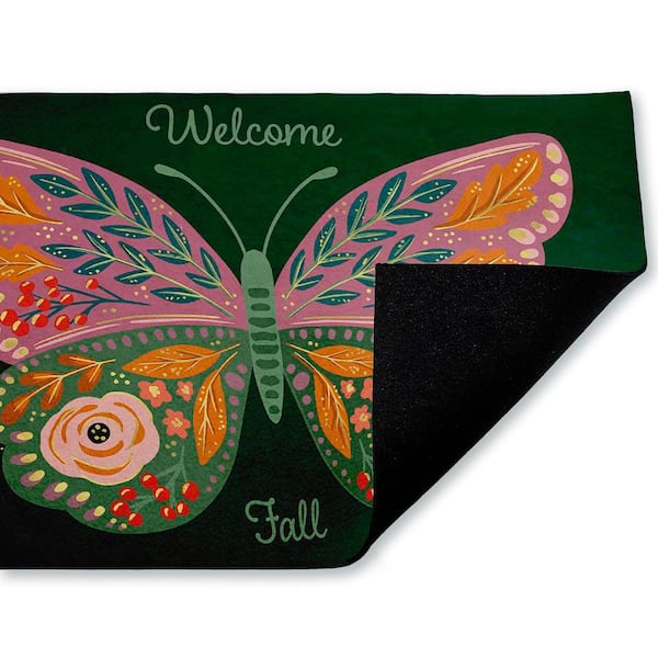 Fall Patterned Butterfly Green 18 in. x 30 in. Polyester Non-Slip Outdoor Door Mat