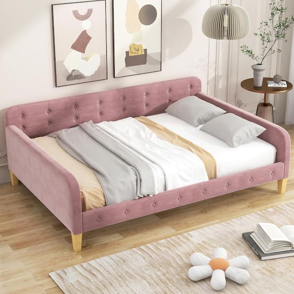 Harper & Bright Designs Button-Tufted Pink Wood Frame Full Size Velvet Upholstered Daybed with Additional Support Legs