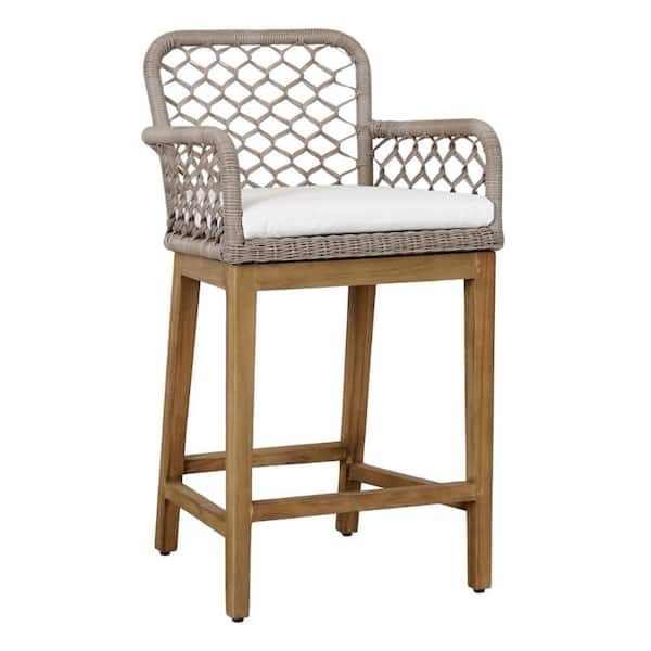 Benjara 17.25 in. Gray, Brown and White Low Back Wooden Frame Counter Stool with Fabric Seat