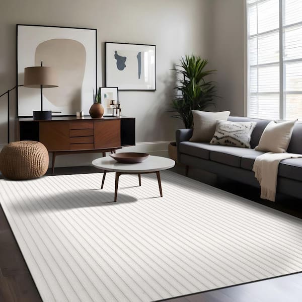 UltraPlush Touch8 ft. x 10 ft. White Non-Slip Rubber Back Washable Polyester Stripes Indoor Area Rug