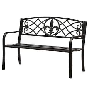 Outdoor Garden Patio Steel Metal Park Bench Lawn Decor with Cast Iron Unique Design Back, Black Seating Bench