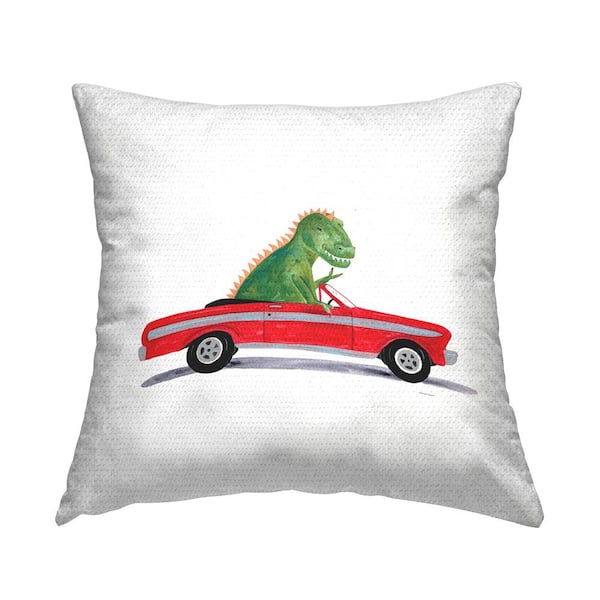 Happy Dinosaur Driving Car Red Square Outdoor Throw Pillow