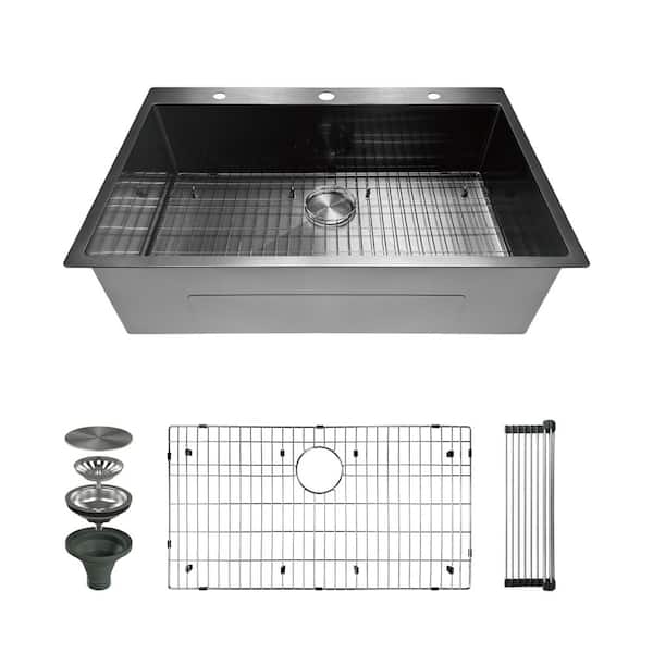 33 in. Drop-in Single Bowl 16-Gauge Gunmetal Black Stainless Steel R10 Round Corner Kitchen Sink with Accessories