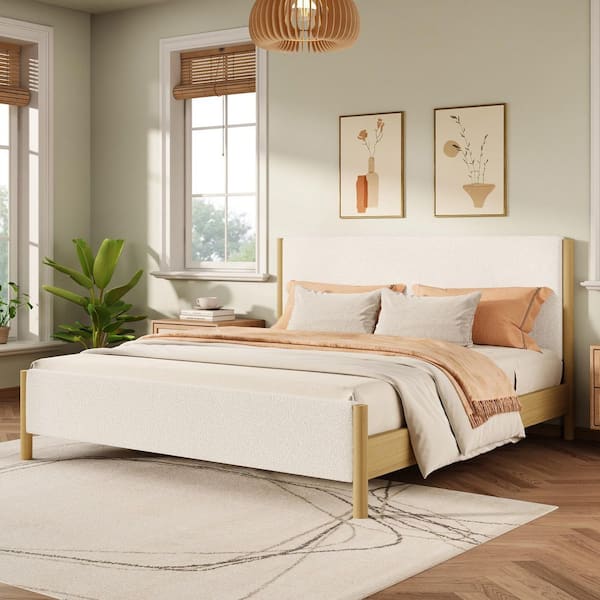 White Wood Frame Queen Size Boucle Fabric Upholstered Platform Bed with Rubber Wood Legs