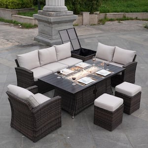 Madison 7-Piece Wicker Patio Fire Pit Conversation Sofa Set with Beige Cushions