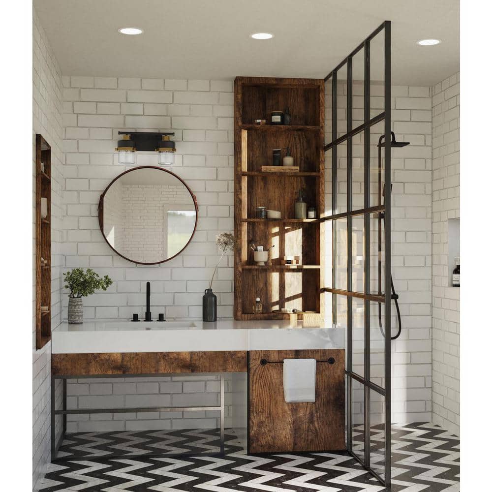 Beckner Collection 14.62 in. 2-Light Matte Black Clear Glass Urban Industrial Vanity Light with Vintage Brass Accents price history on PriceWatchPro