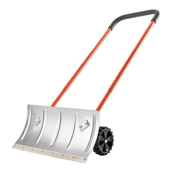 Snow Pusher Shovel with Wheels, 33.46 in. Metal, Handle, Bi-Metal, Snow Shovel, Wheeled Snowplow Shovel, for Garden