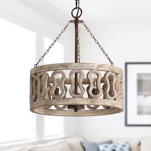 Vaccari Farmhouse Rustic 3-Light Weathered Wood Ceiling Light Drum Shade Chandelier