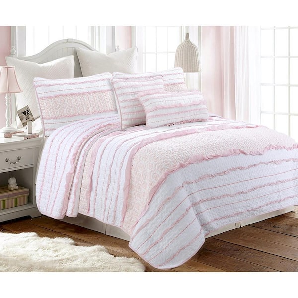 Cozy Line Home Fashions Pretty in Pink Girly Ruffle Stripe Ogee 3-Piece Soft Pink White Cotton Queen Quilt Bedding Set