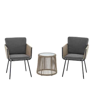 3-Piece Rattan Patio Conversation Wicker Outdoor Patio Furniture Set with Gray Cushioned Armrest Chairs and Coffee Table
