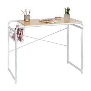 39.4 in. Rectangular White/Natural Steel Writing Desk with Storage Basket