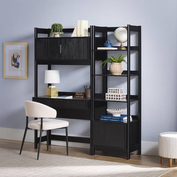 Walker Edison Furniture Company 2-Piece Transitional Black Reeded 38 in. Hutch Desk with Narrow Modern Bookcase