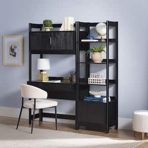 2-Piece Transitional Black Reeded 38 in. Hutch Desk with Narrow Modern Bookcase