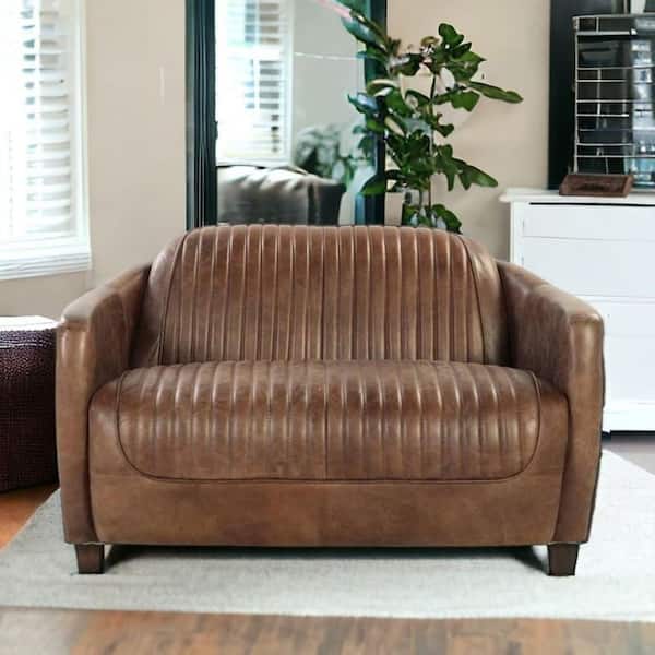 HomeRoots Amelia 50 in. Retro Brown Solid Leather 2-Seats Loveseat