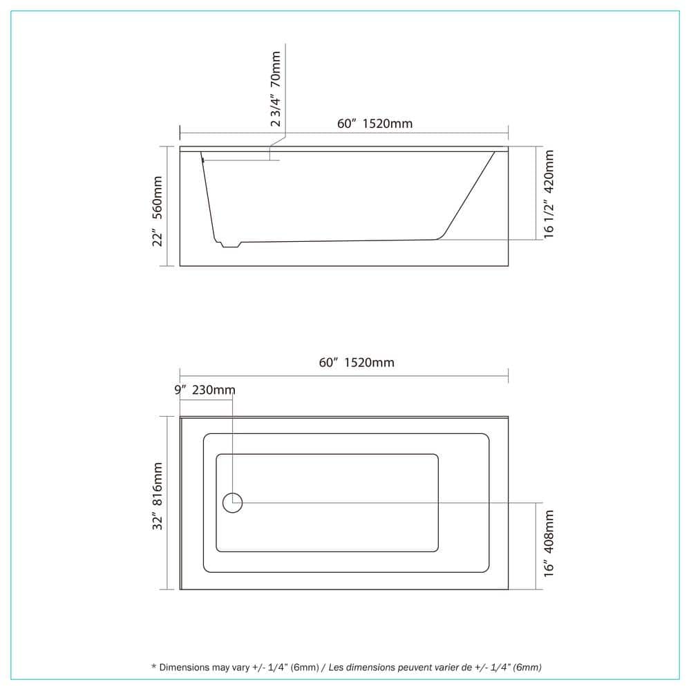 60'' White Acrylic Rectangular Soaking Bathtub