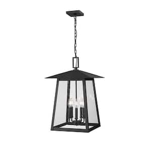 Rainer 24 in. 5-light Black Dimmable Outdoor Pendant-Light with Clear Seedy Glass with no bulbs included