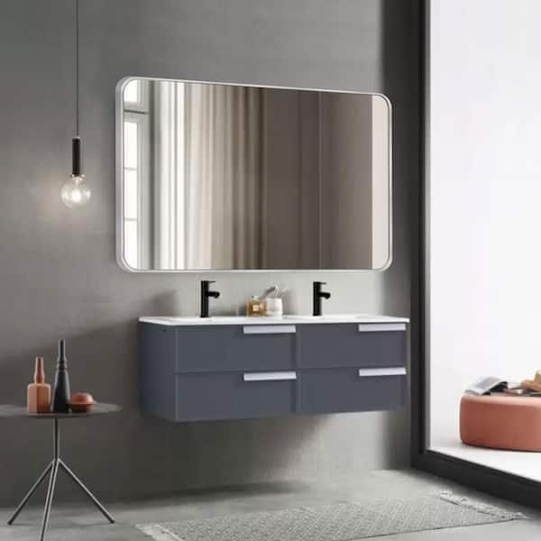 30 in. W x 48 in. H Modern Rectangular Aluminum Alloy Silver Rounded Corner Wall Mirror/Decorative Mirror