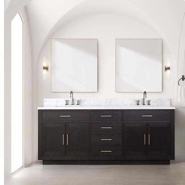 Lexora Condor 80 in W x 22 in D Black Oak Double Bath Vanity, Carrara Marble Top, and Faucet Set