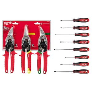 Straight-Cut Offset Aviation Snip (3-Pack) with Screwdriver Set (8-Piece)