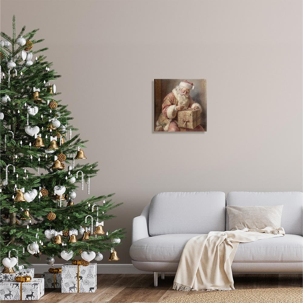 Vintage Santa Claus Wrapping Gift Canvas Print, 17" x 17"