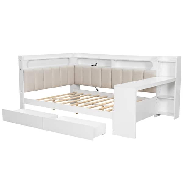 2-Drawers White Full Daybed with Built-in Desk, Charging Station, LED Lighting, Linen Upholstered Headboard and Backrest